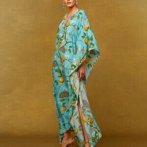 Nicoblu Flora Turquoise Hummingbird Lemon Print Caftan Cover Up Maxi Dress NWT